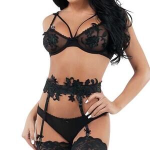 Starline Mesh Floral Bra, Panty & Garter Belt Set Size S/M NEW
